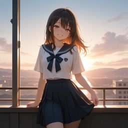 太阳下落的Serenade女学生微笑